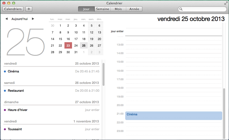 Calendrier dans Mavericks